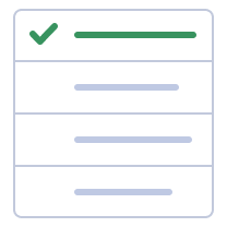 Checklist icon with a green checkmark and three horizontal lines representing list items on a white card with rounded corners.