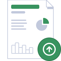 Document with charts and graphs with a green upload arrow icon.