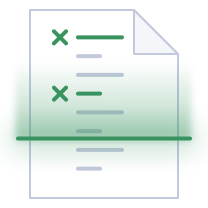 Illustration of a document with green check marks and lines representing text, reflecting content or task completion.