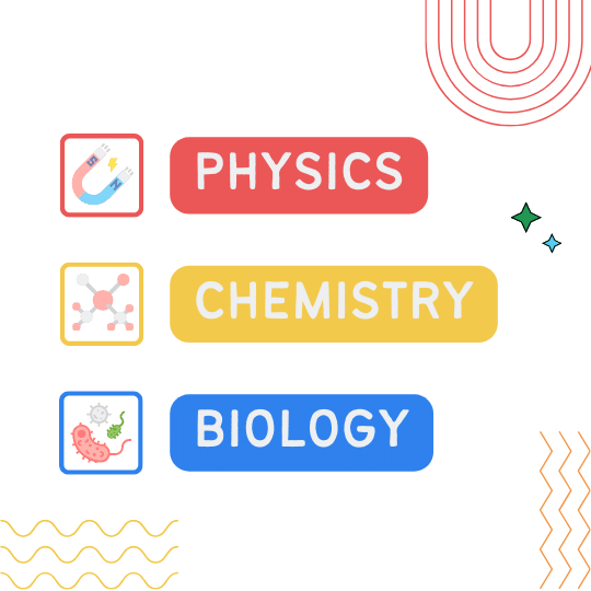 Visual representation of three science subjects: Physics with a magnet icon, Chemistry with a molecular structure icon, and Biology with microorganisms icon, each labeled in color-coded boxes.