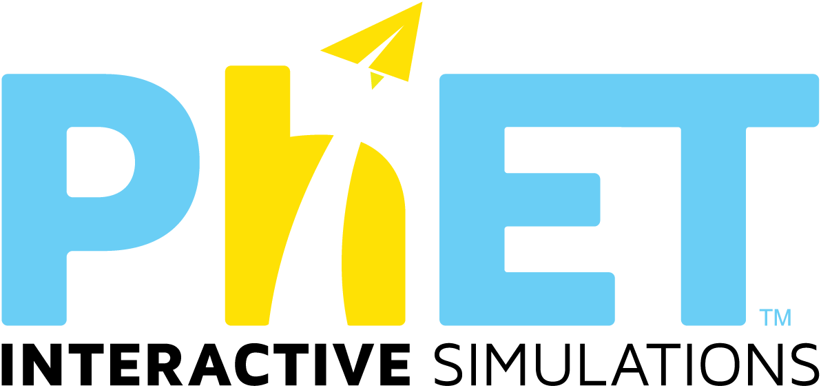 The word 'PhET' with the letters 'P', 'E', and 'T' in light blue and the letter 'h' in yellow, stylized with a yellow paper airplane flying upward from the letter 'h'.