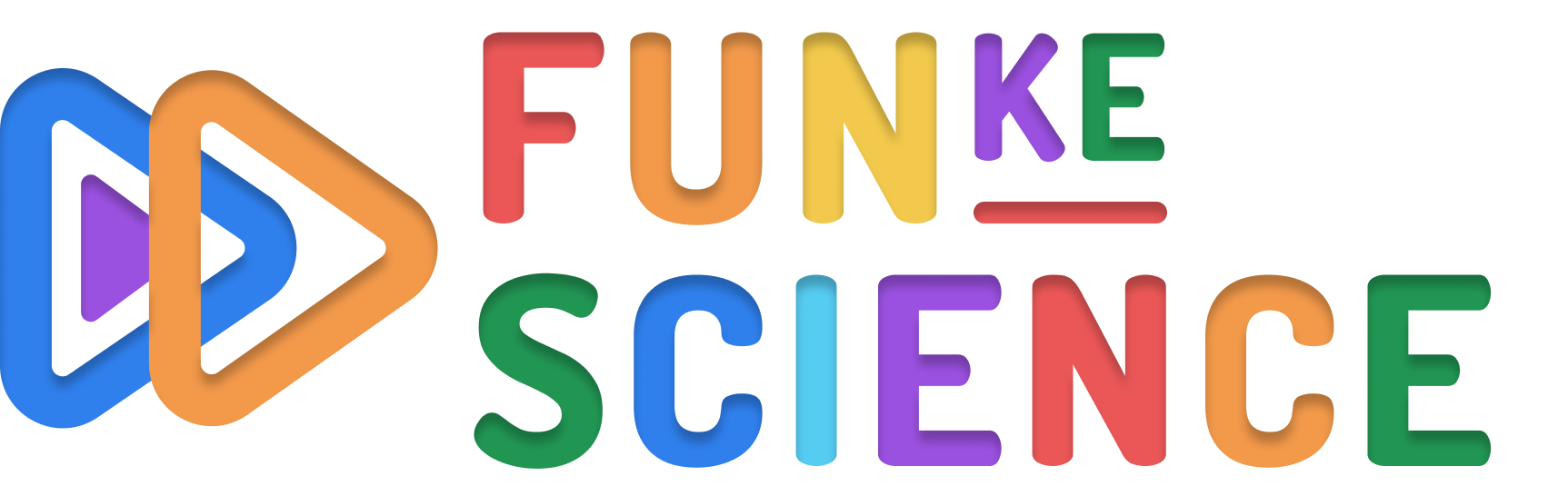 Colorful logo with three overlapping play button shapes in purple, blue, and orange to the left of the words 'FUNKE SCIENCE' spelled out in multicolored uppercase letters.