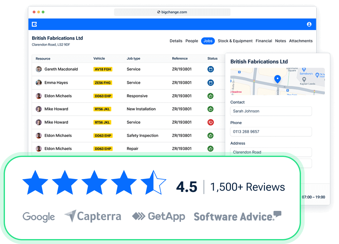 BigChange job dashboard with 4.5-star software reviews.
