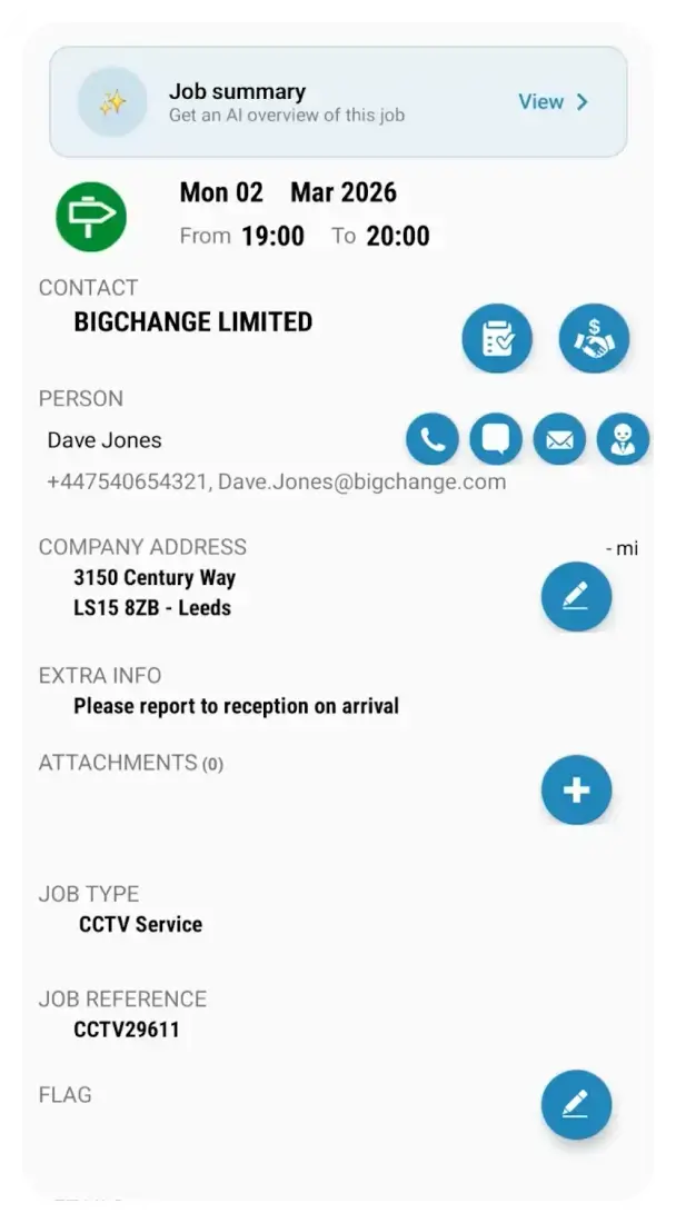 BigChange job management software tracking technician time and location with GPS