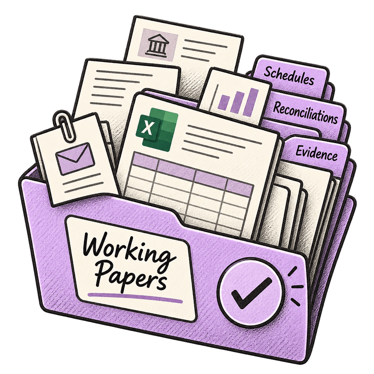 Illustration of working papers software organising schedules, evidence and review notes in one place