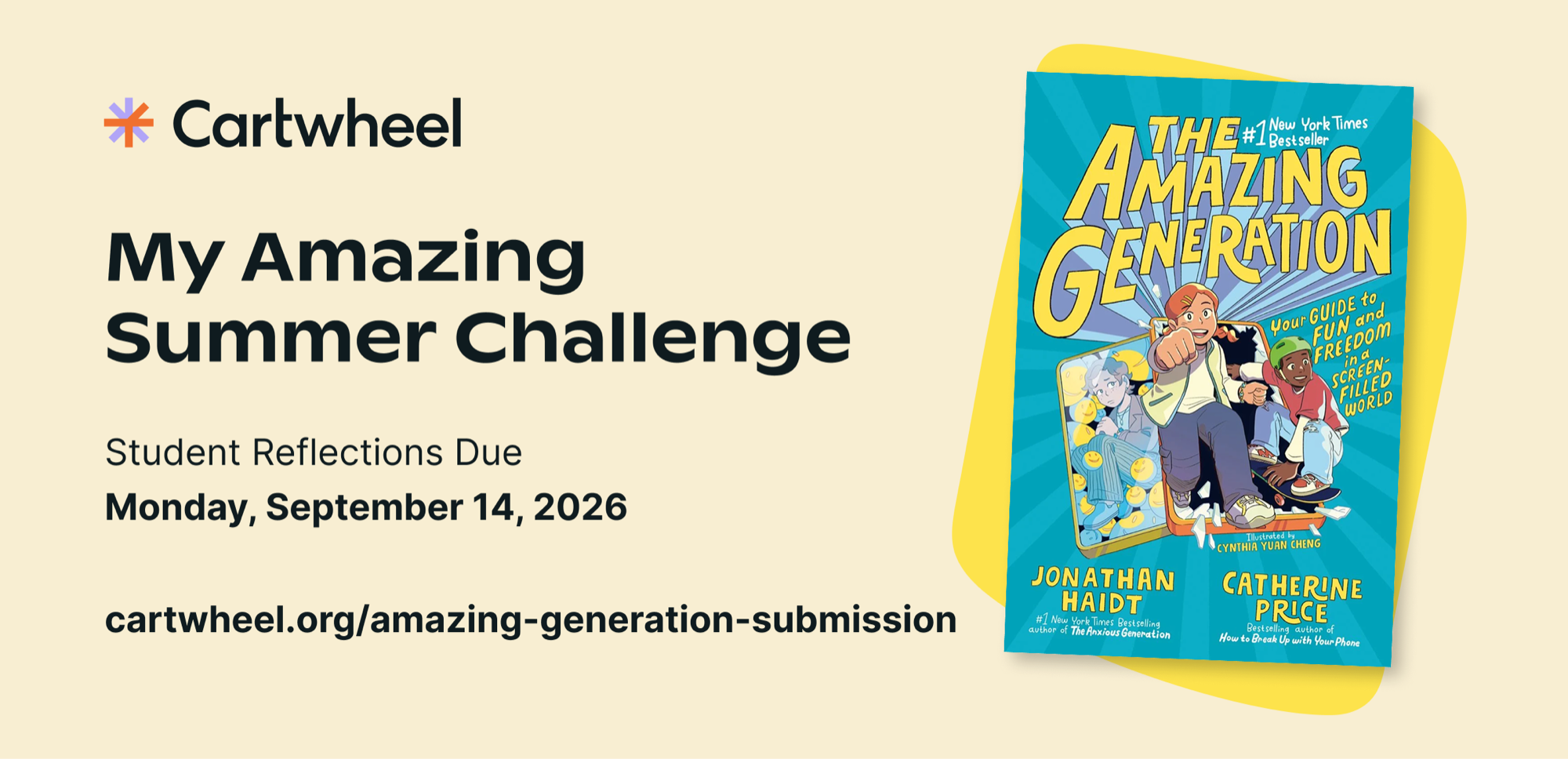 My Amazing Summer Challenge: student reflections due Monday, September 14, 2026, with The Amazing Generation book cover