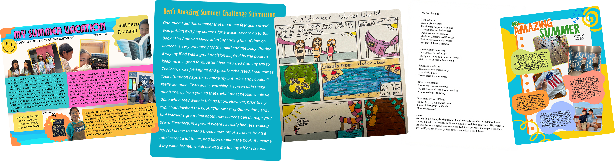 Student submissions for the My Amazing Summer Challenge, including photo collages, drawings, written reflections, and poems