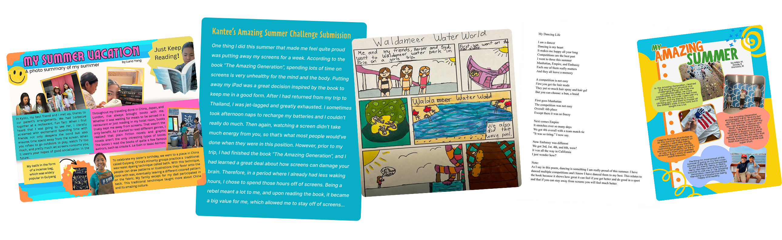 Student submissions for the My Amazing Summer Challenge, including photo collages, drawings, written reflections, and poems