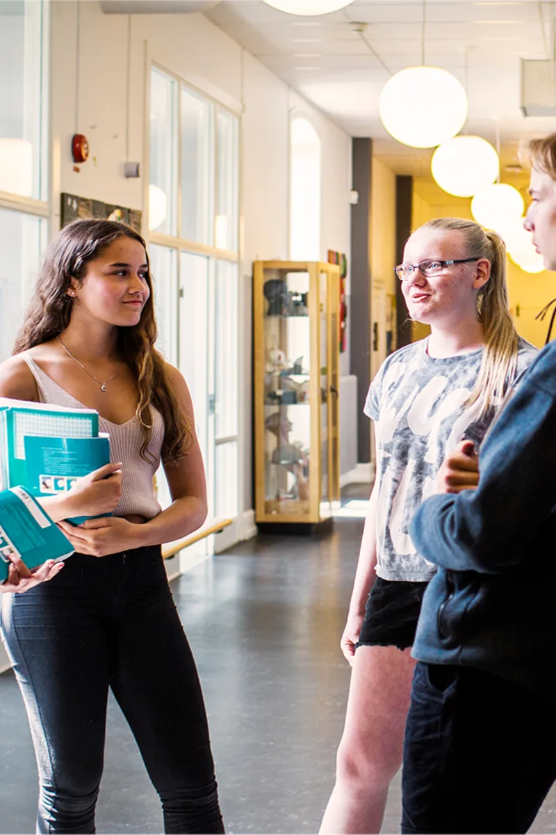 Students talking in a school hallway