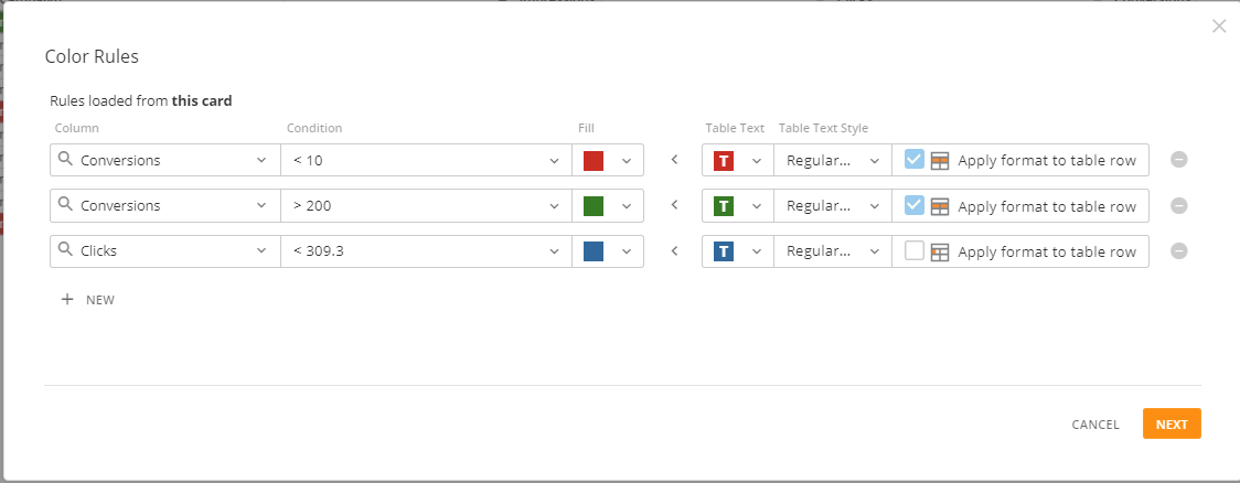 The color rules modal: Conditional formatting text for conditional formatting in Domo