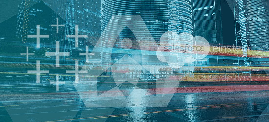 A city streetscape at night with cars speeding by and over the top are the Search Discovery and Salesforce logos.