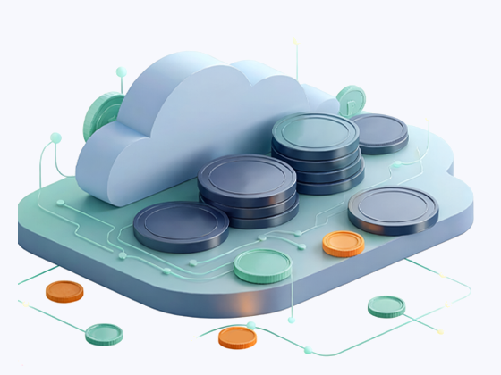 3D illustration of cloud infrastructure and AI computing costs represented by stacked digital coins on a cloud-shaped platform.