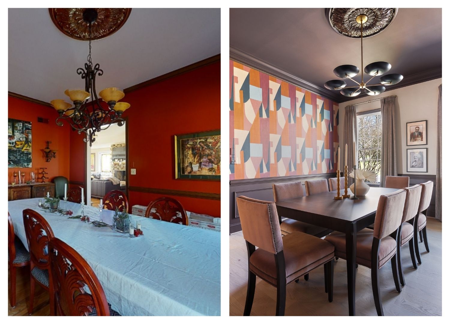 Bold purple dining room with custom wainscoting and Kelly Wearstler wallpaper by Maryland interior designer Abigail Horace