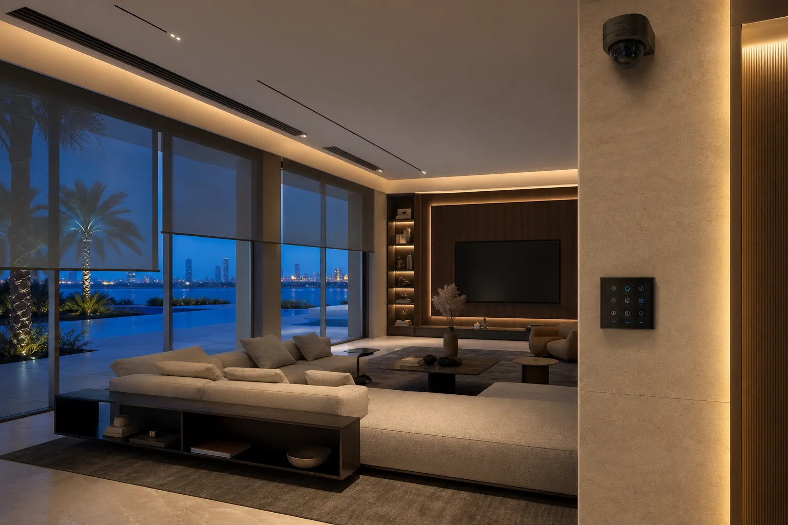 Automated villa interior with integrated lighting, blinds and wall controls