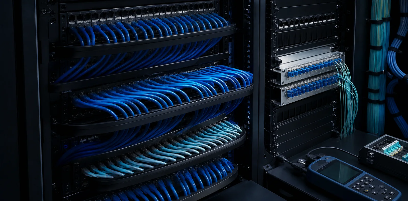 Professionally routed network and fibre cabling inside a communications rack