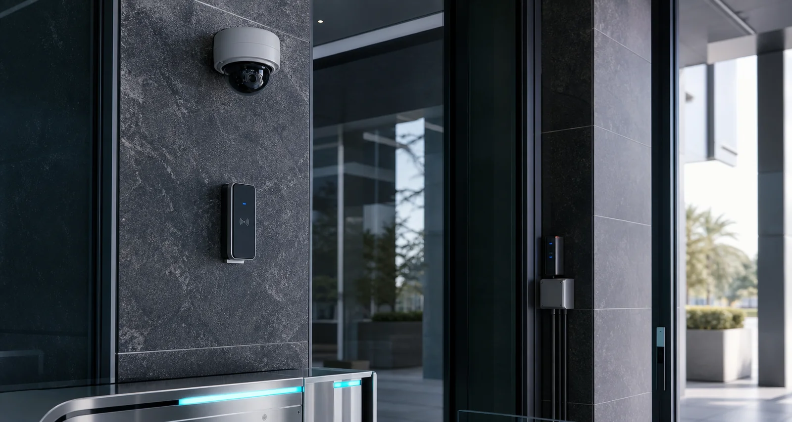 CCTV camera, access-control reader and secure commercial entrance