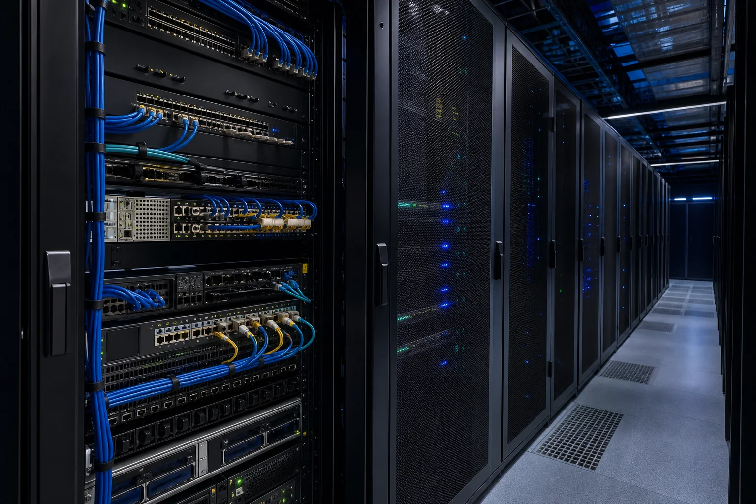 Enterprise network switches and servers in an organized data room