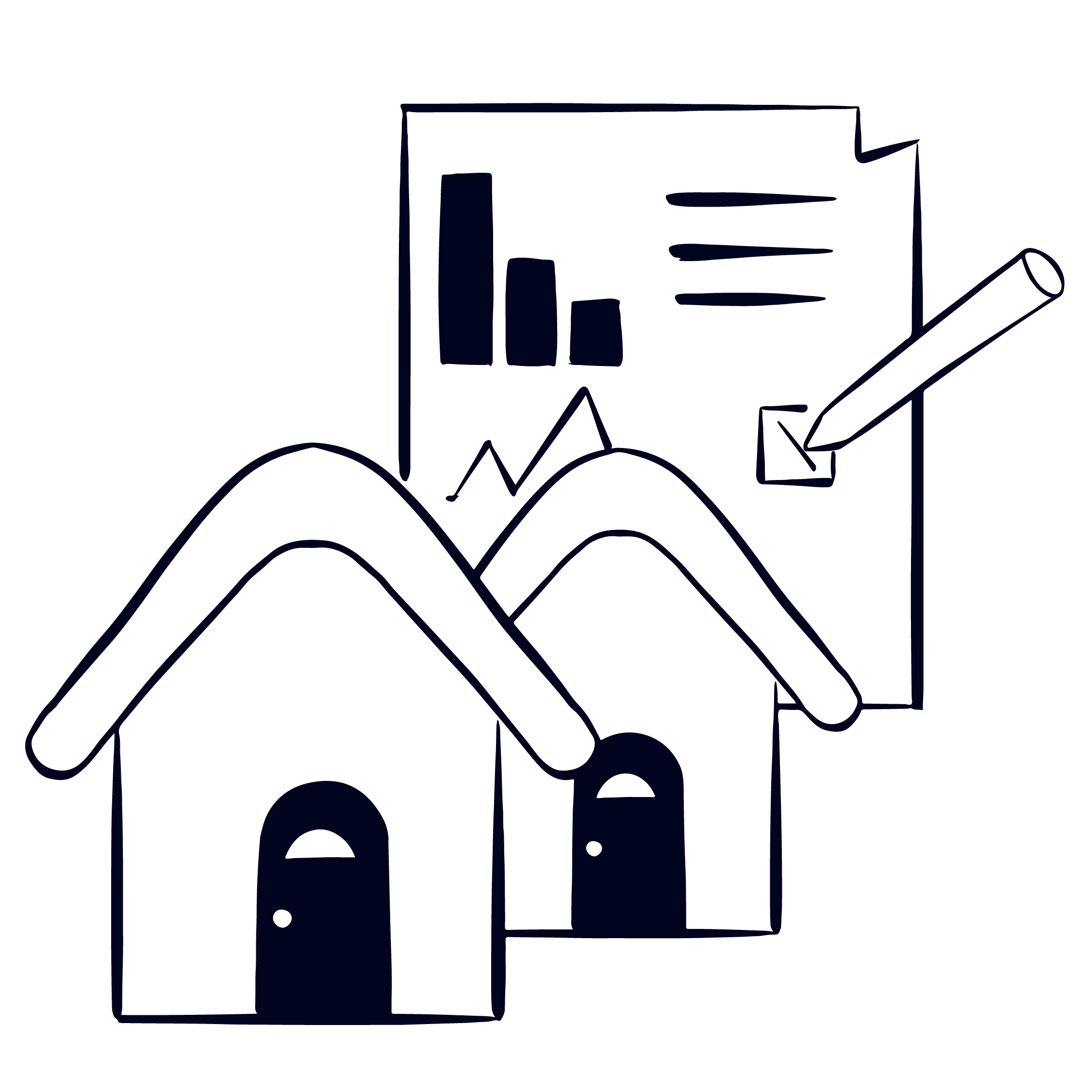 An illustration of two houses and a document with charts behind it