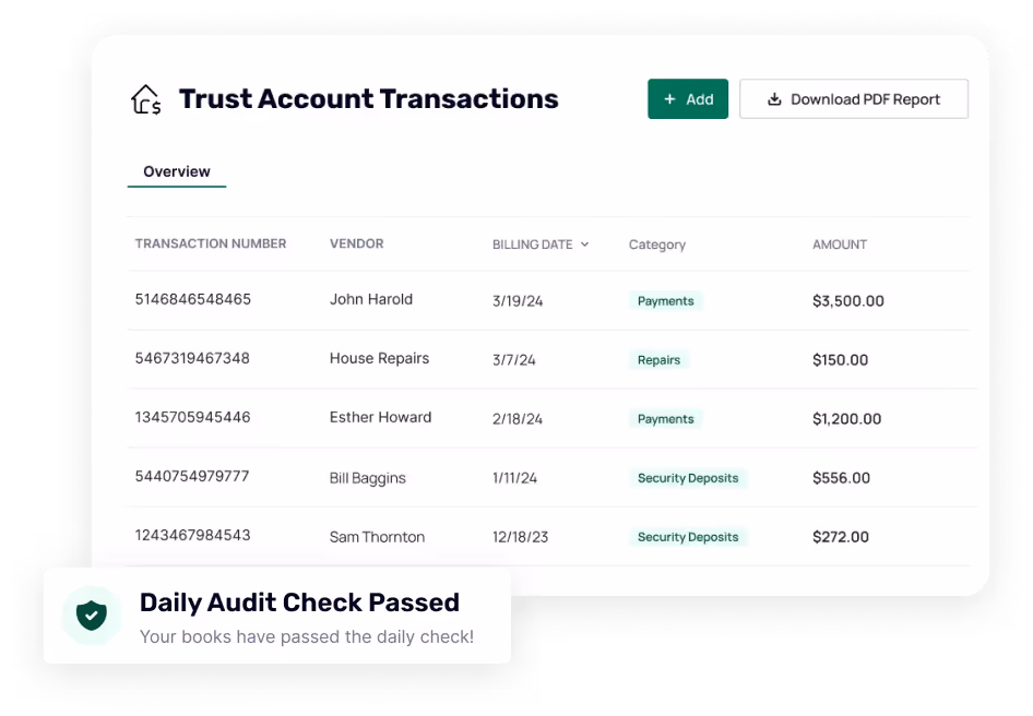 Table showing trust account transactions with columns for transaction number, vendor, billing date, category, and amount; a notification banner states Daily Audit Check Passed.