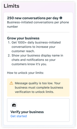 WhatsApp Business messaging limit panel with a business verification requirement