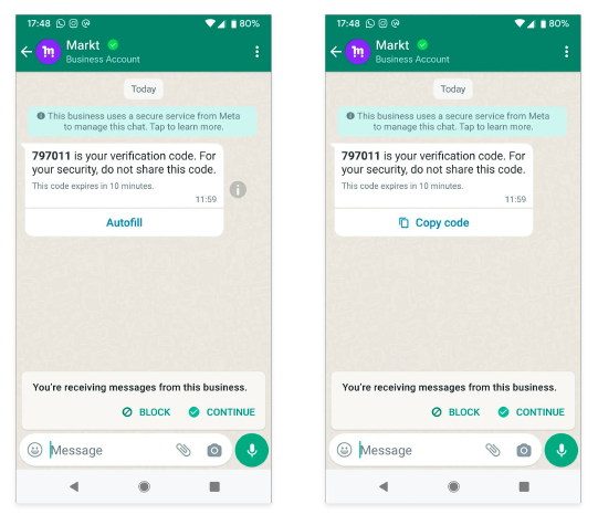 WhatsApp authentication message examples with Autofill and Copy Code buttons