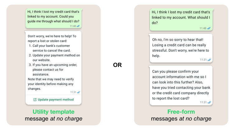 Comparison of a utility template and a free-form reply in a lost credit card support conversation