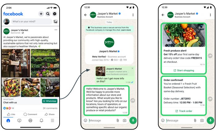 Click to WhatsApp ad followed by a customer chat and order confirmation in a free entry point example