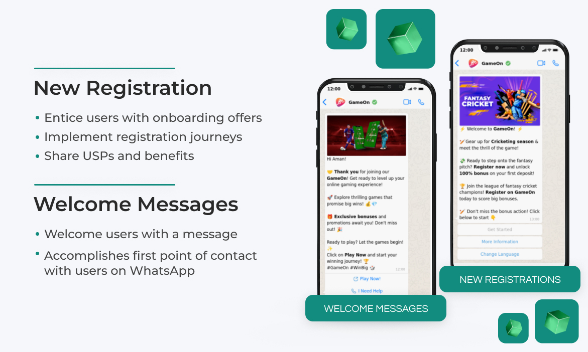 Comparison of new registration and welcome message campaigns with WhatsApp conversation examples