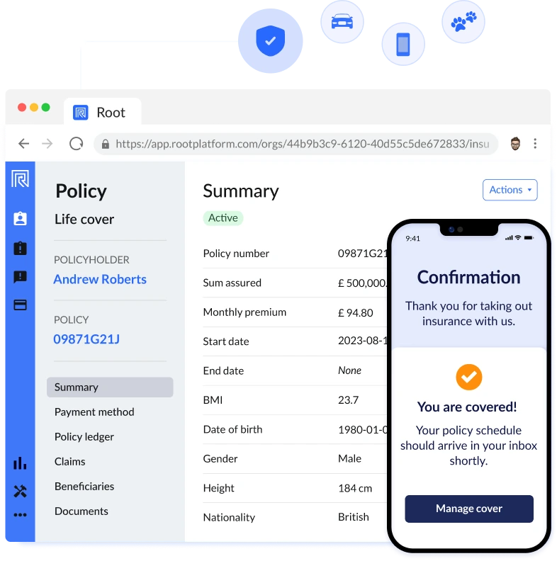 The hero image for Root's home page displaying a screenshot of the policy administration system