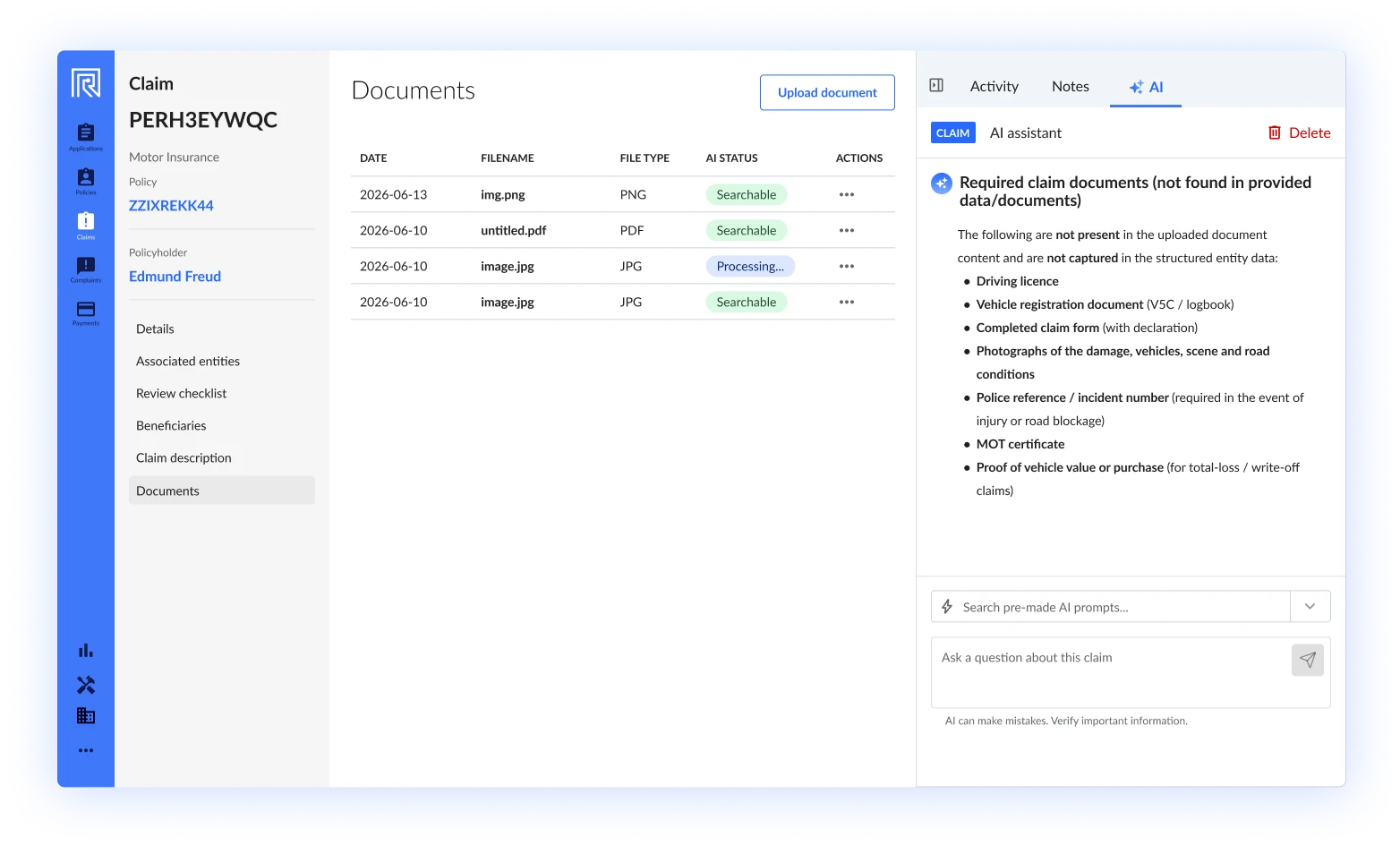 Root Insurance Platform's Claims AI flags missing data