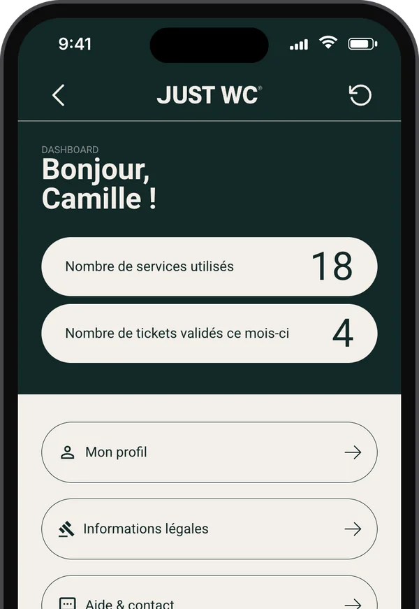 Appli JUST WC : tableau de bord d'une conductrice avec ses passages