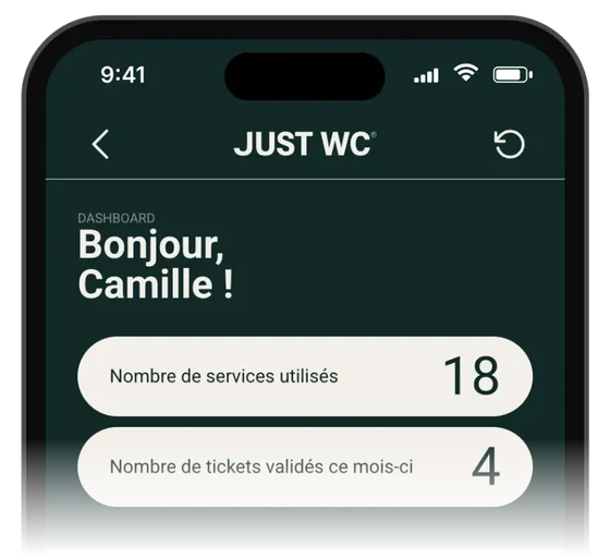 Appli JUST WC : tableau de bord d’une conductrice
