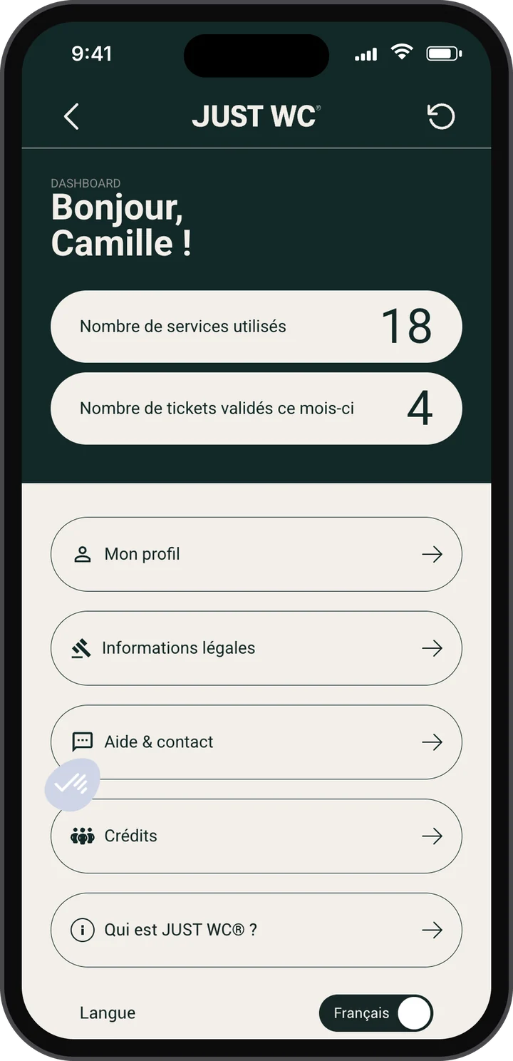 Appli JUST WC : tableau de bord d’une conductrice