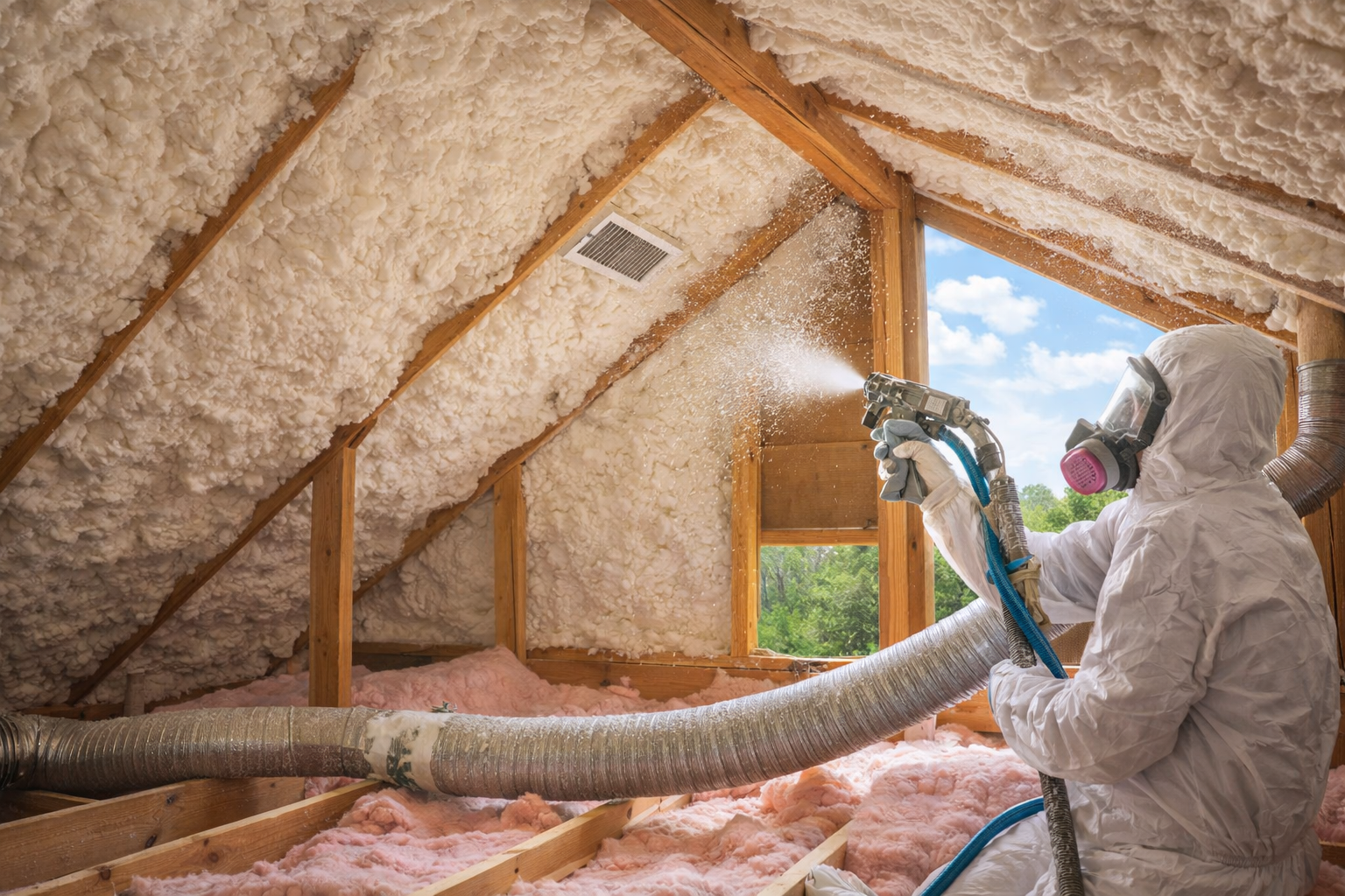 Attic insulation being installed with spray foam in a Florida home to control heat and humidity