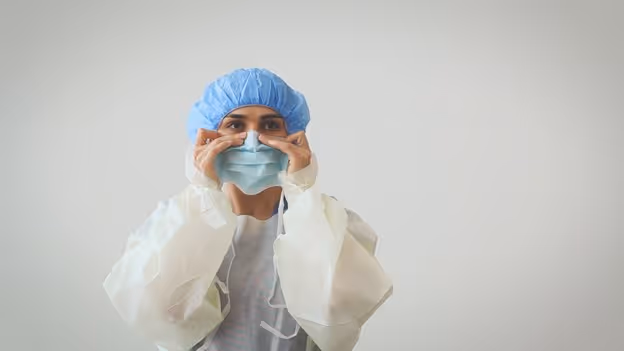 medical professional forms nose piece on a PRIMED surgical tie face mask to the contours of their face