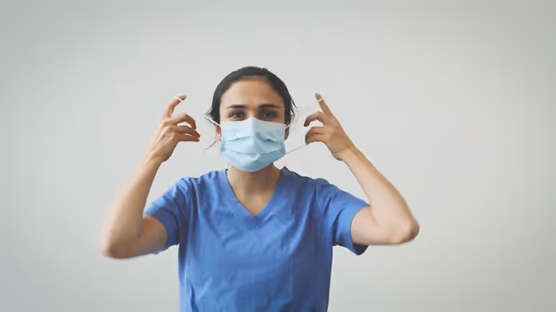 Woman removing medical face mask by the loops