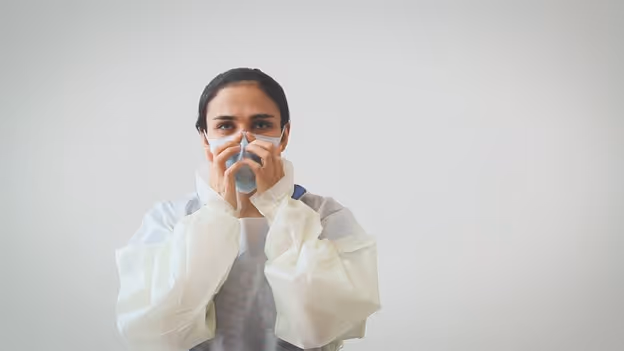 Woman ensuring proper fit of mask across nose bridge by pressing