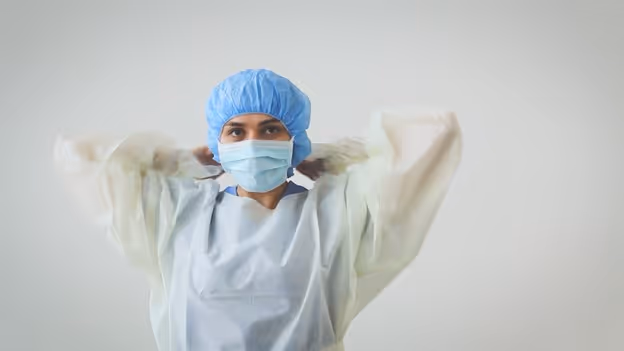 medical professional ties lower tie on a PRIMED surgical tie face mask behind the base of their head