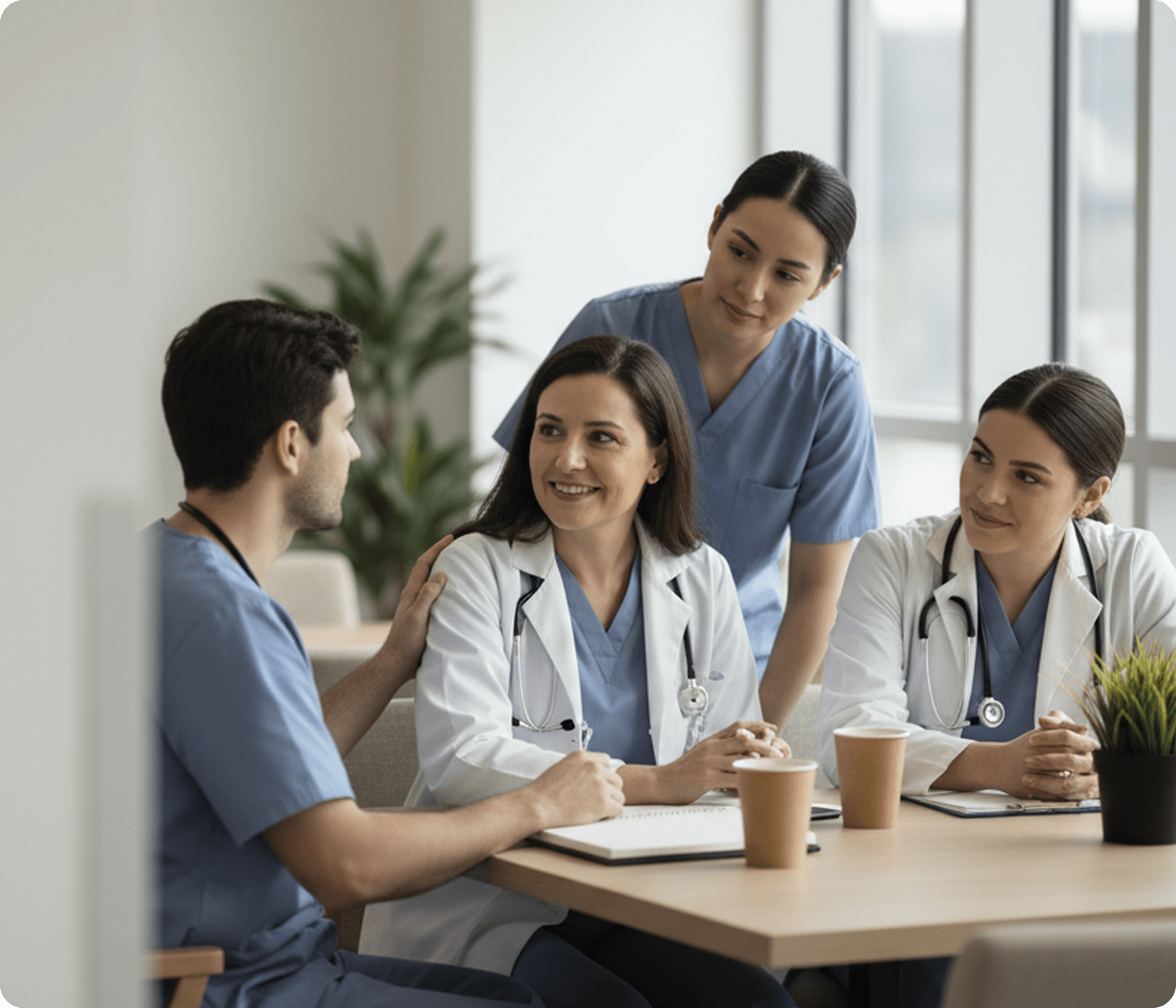 A group of healthcare professionals in scrubs and white coats, smiling and engaging in a meeting around a table with coffee cups, conveys teamwork.