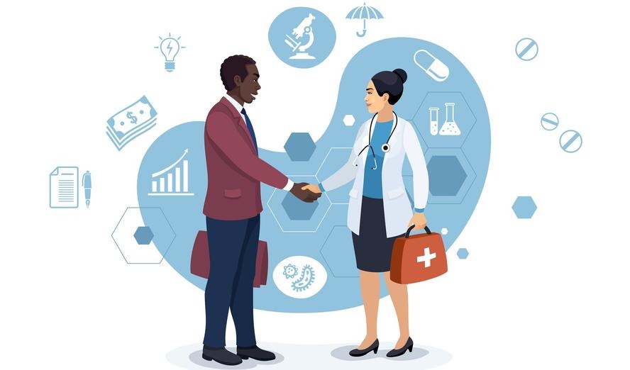 Businessman and doctor shake hands with medical and business concepts in light turquoise in the background