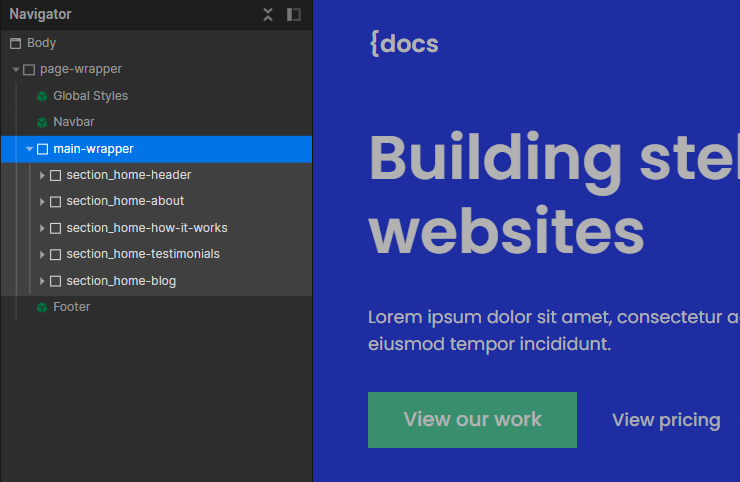 core page structure with named sections