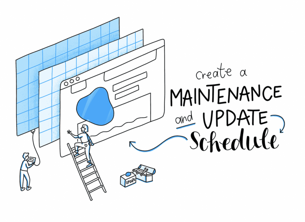 illustration shows two people working on building a maintenance schedule for technical specifications