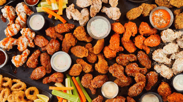 A spread of Wild Wing different flavoured wings and dipping sauces