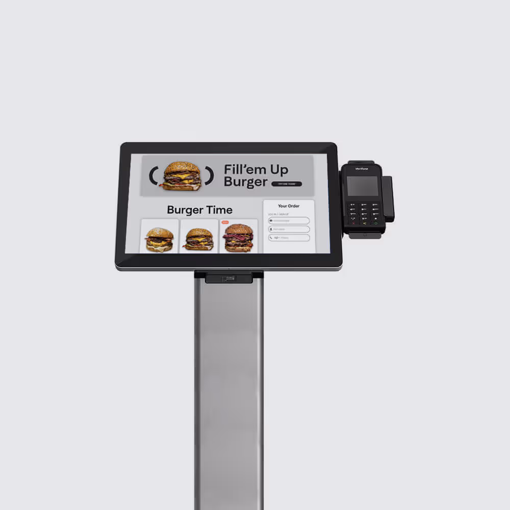 MOBI's 21.5” Self Standing kiosk tablet with sample menu on screen