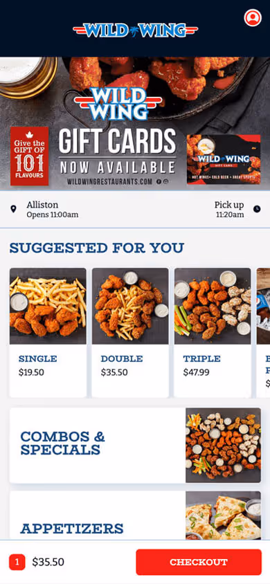 Wild Wing online ordering storefront on mobile