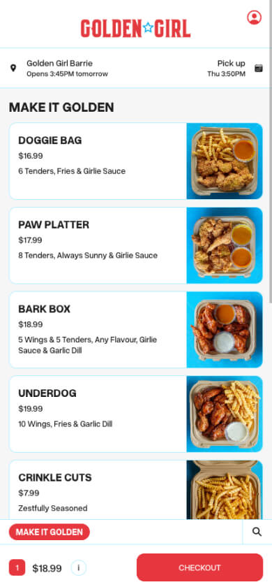 Golden Girl Tenders online ordering experience powered by MOBI.