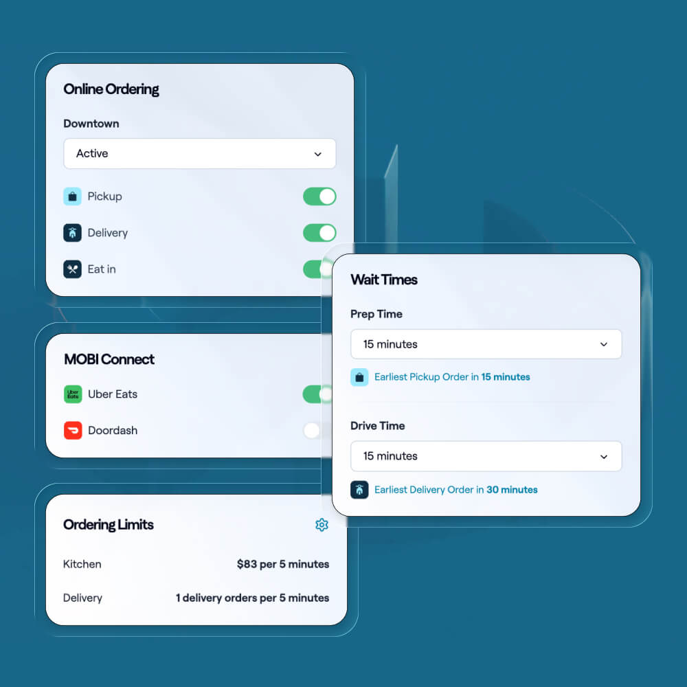Restaurant ordering controls showing pickup, delivery, aggregator connections, wait times and ordering limits.