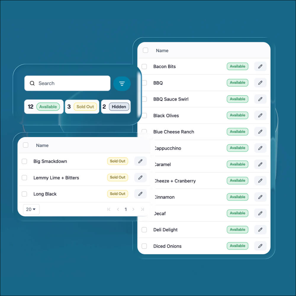 Menu management dashboard showing available, sold-out and hidden items.