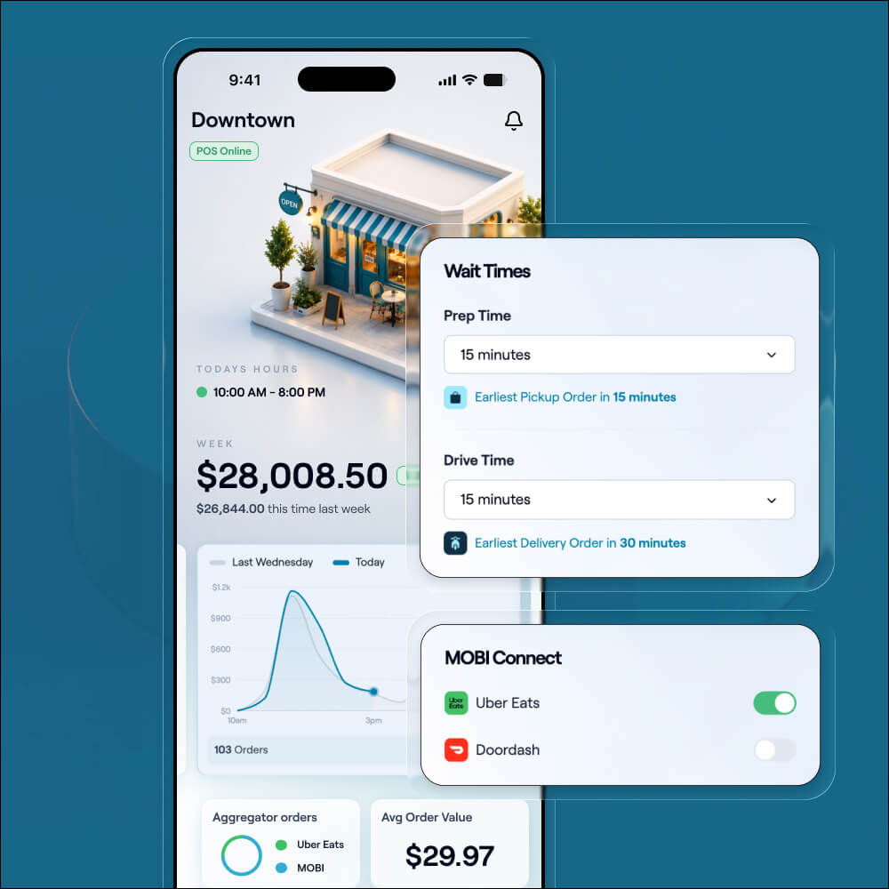 Mobile restaurant dashboard showing wait times and delivery partner controls.
