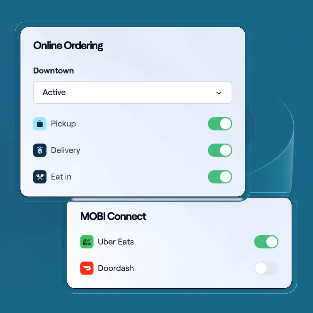 Online ordering controls for pickup, delivery, eat-in, Uber Eats and DoorDash.